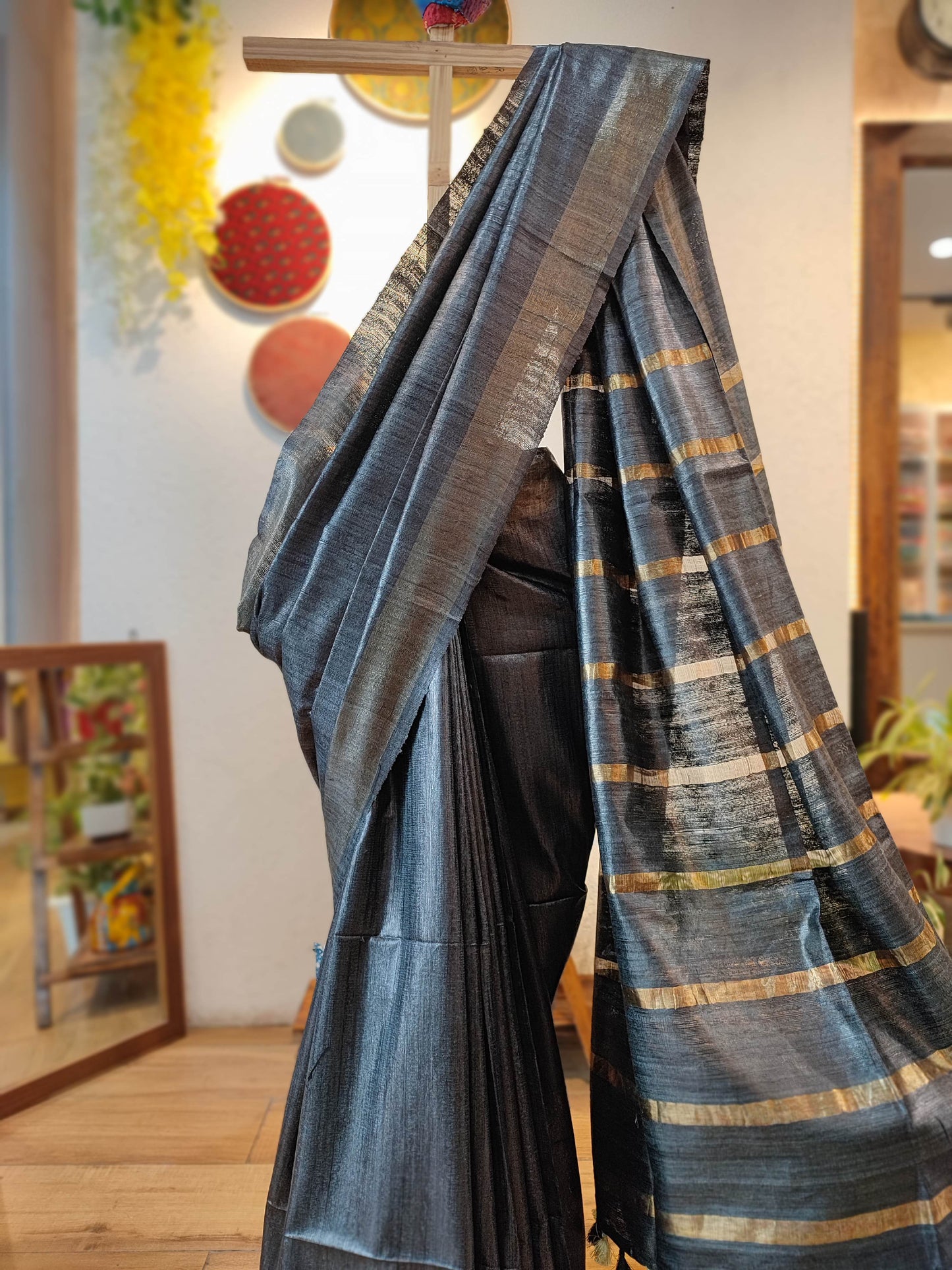 Charcoal Black Tassar Gheecha Silk Saree with golden Stripes