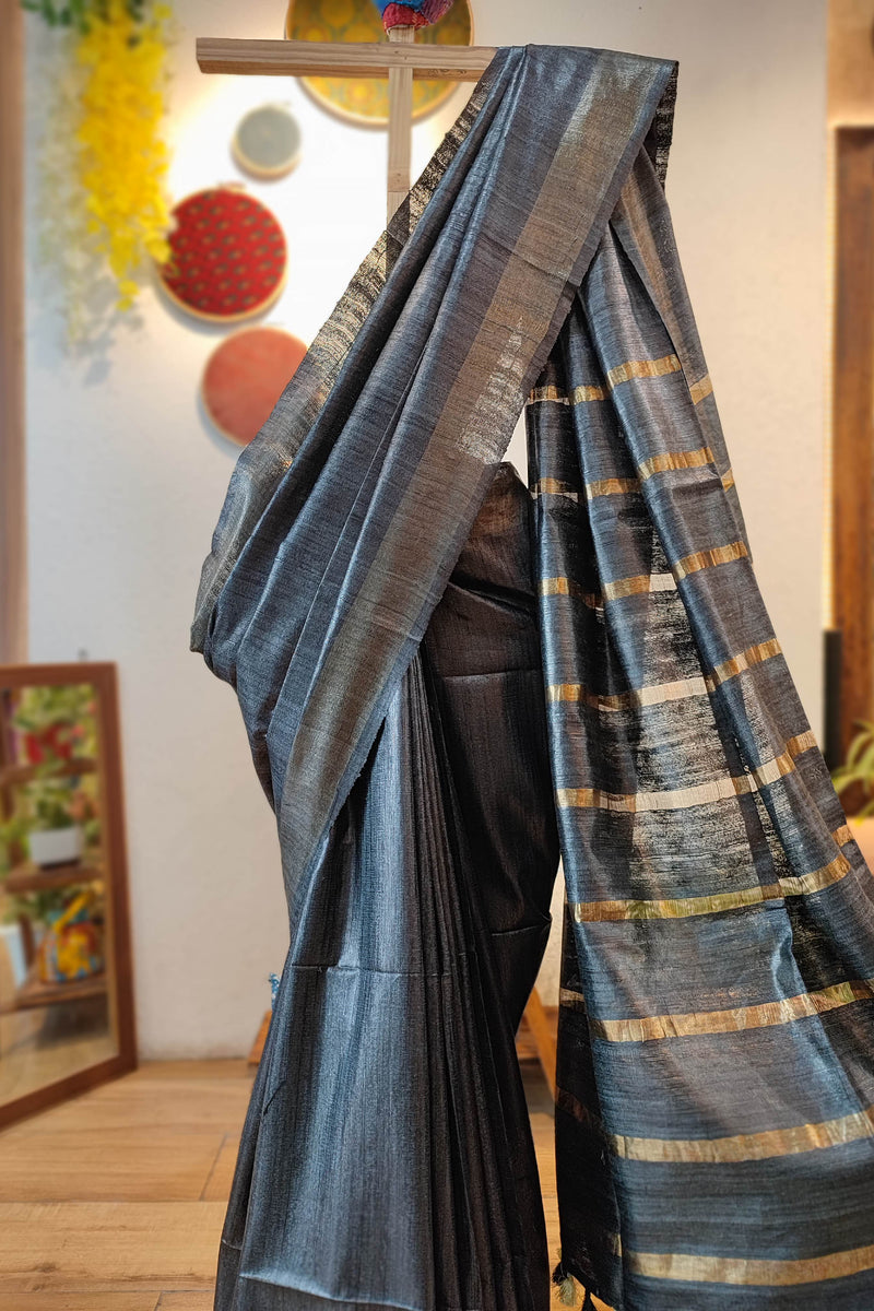 Charcoal Black Tassar Gheecha Silk Saree with golden Stripes