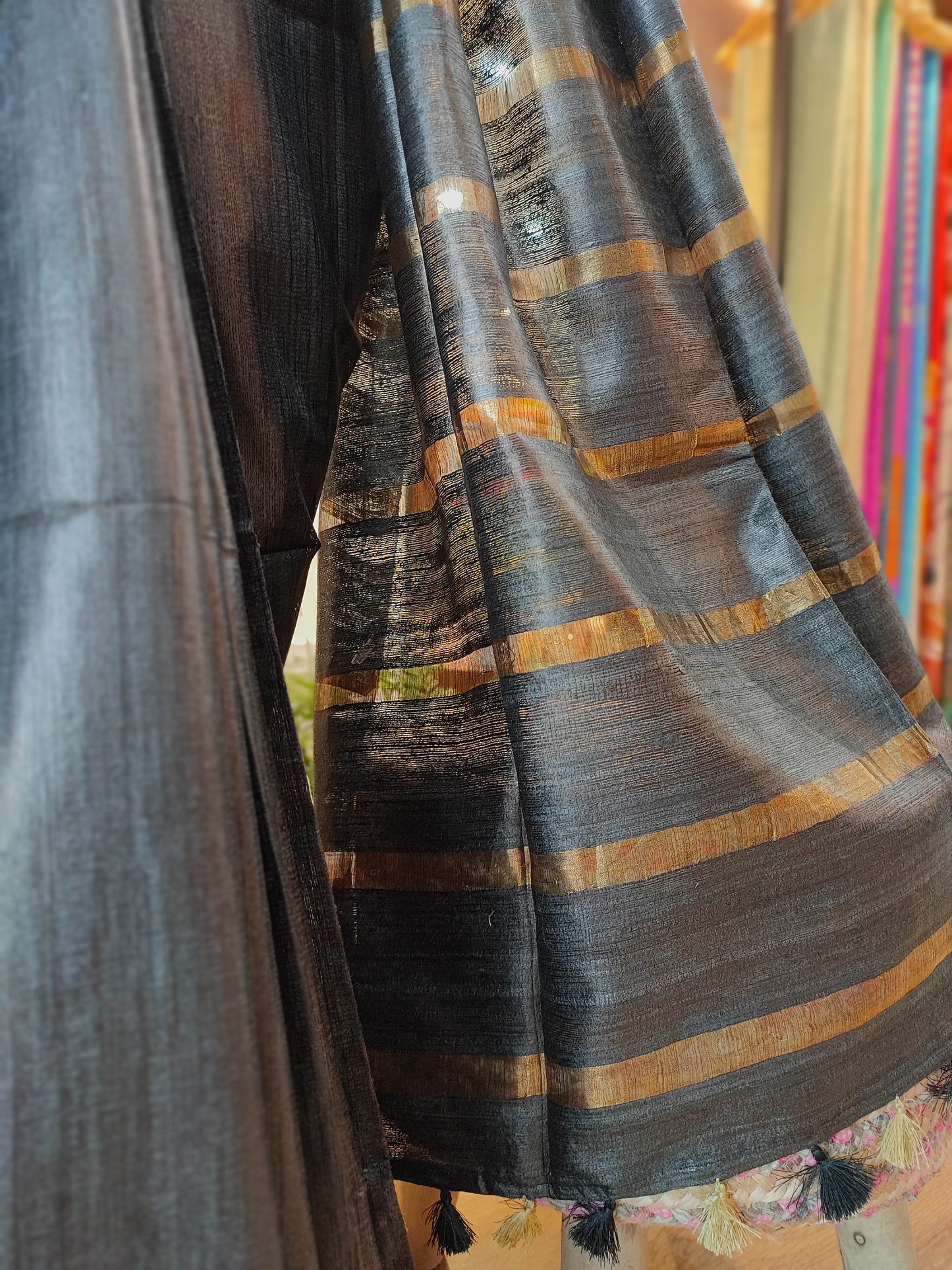 Charcoal Black Tassar Gheecha Silk Saree with golden Stripes