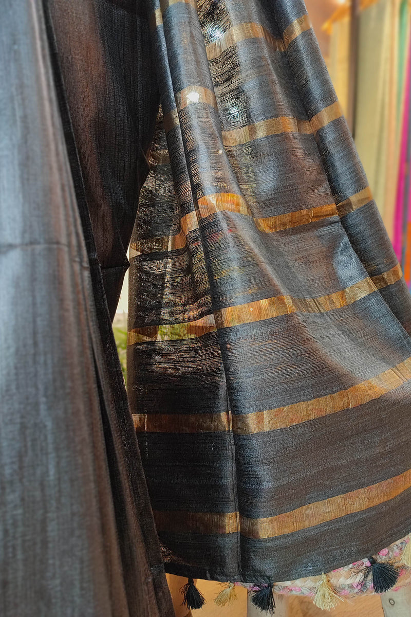 Charcoal Black Tassar Gheecha Silk Saree with golden Stripes