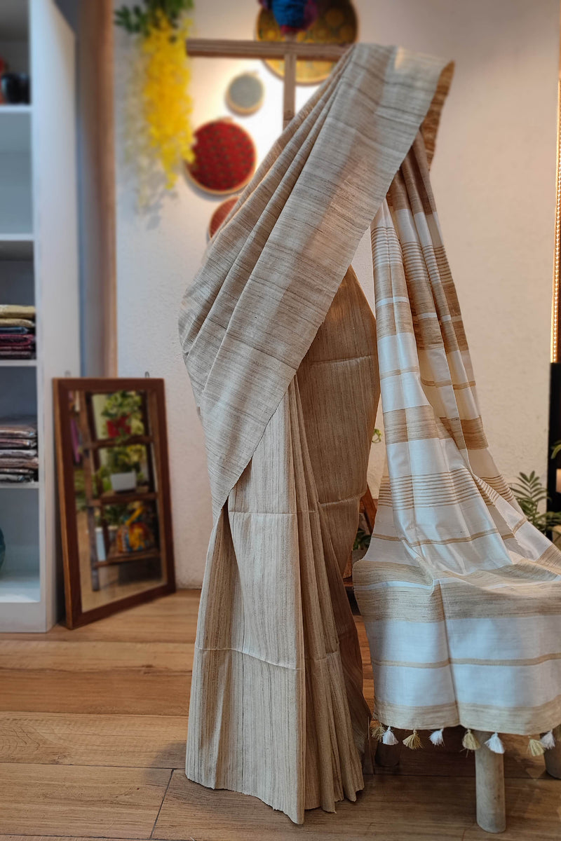 Natural Brown Tussar Gheecha Silk Saree with Stripes