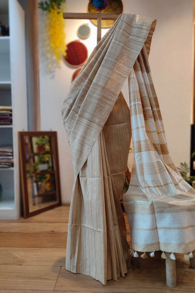 Natural Brown Tussar Gheecha Silk Saree with Stripes