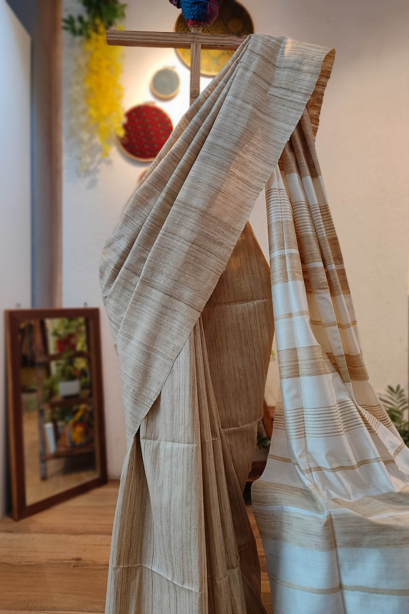 Natural Brown Tussar Gheecha Silk Saree with Stripes