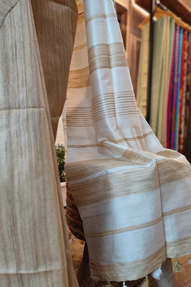 Natural Brown Tussar Gheecha Silk Saree with Stripes