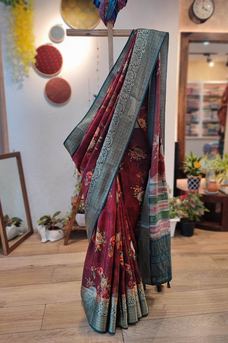 Amber Rust Black Dola Banarasi Floral Print saree