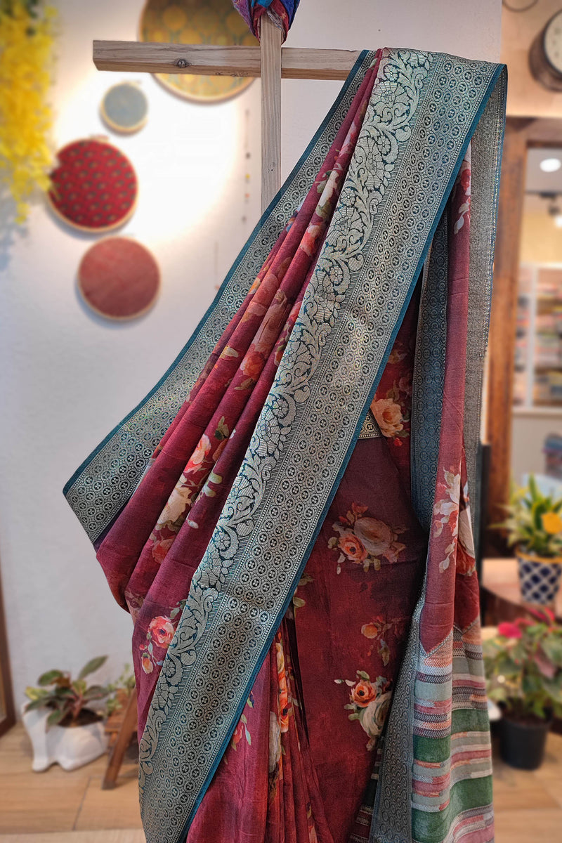 Amber Rust Black Dola Banarasi Floral Print saree