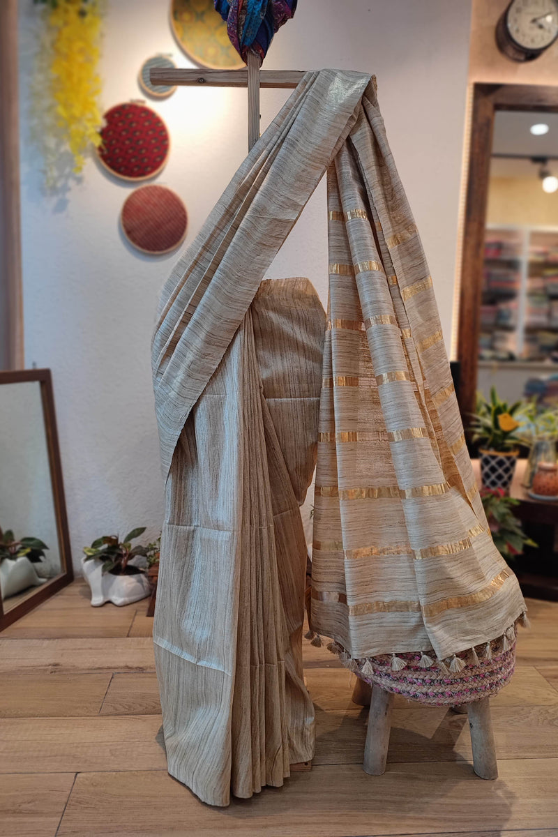 Natural Brown Tussar Gheecha Silk Saree with golden Stripes