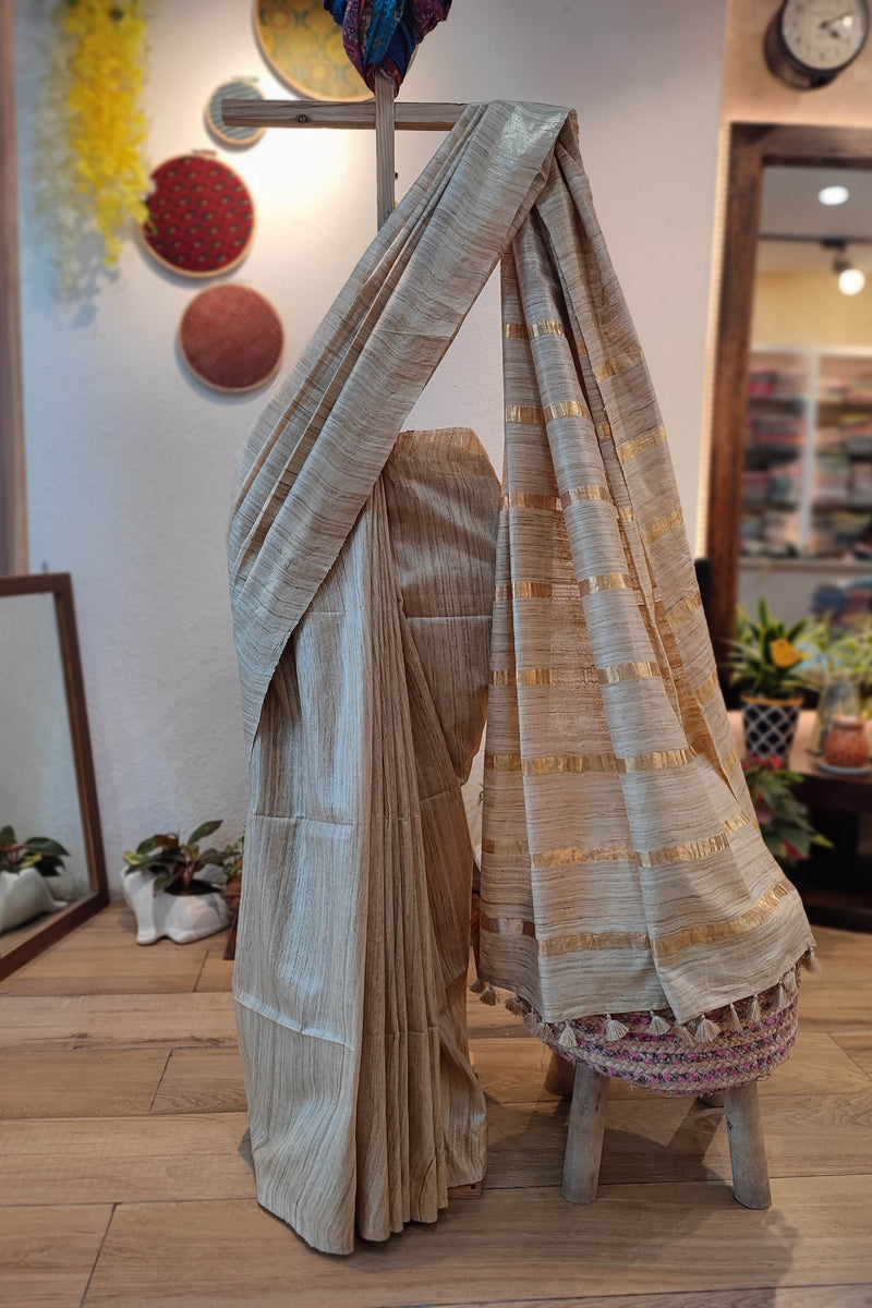 Natural Brown Tussar Gheecha Silk Saree with golden Stripes