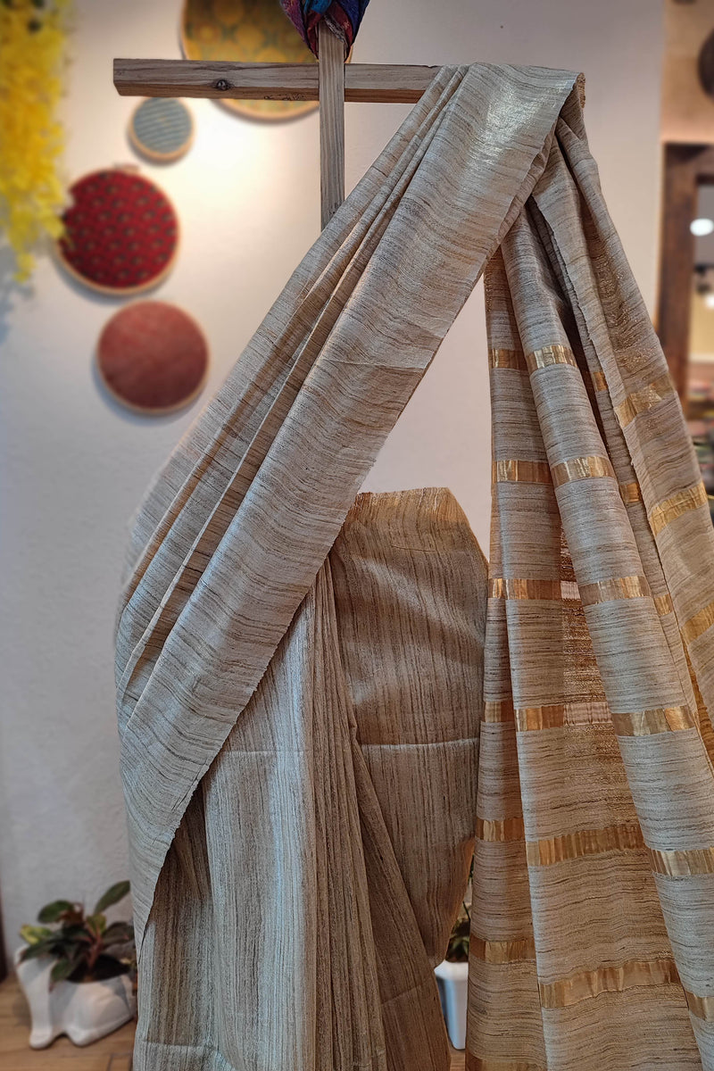 Natural Brown Tussar Gheecha Silk Saree with golden Stripes
