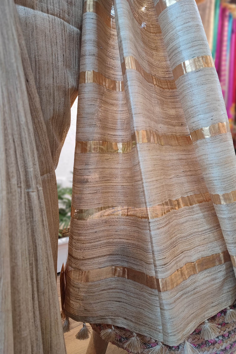 Natural Brown Tussar Gheecha Silk Saree with golden Stripes