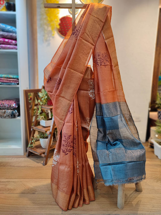 Rustic orange and blue Pure Tassar Silk Printed Saree