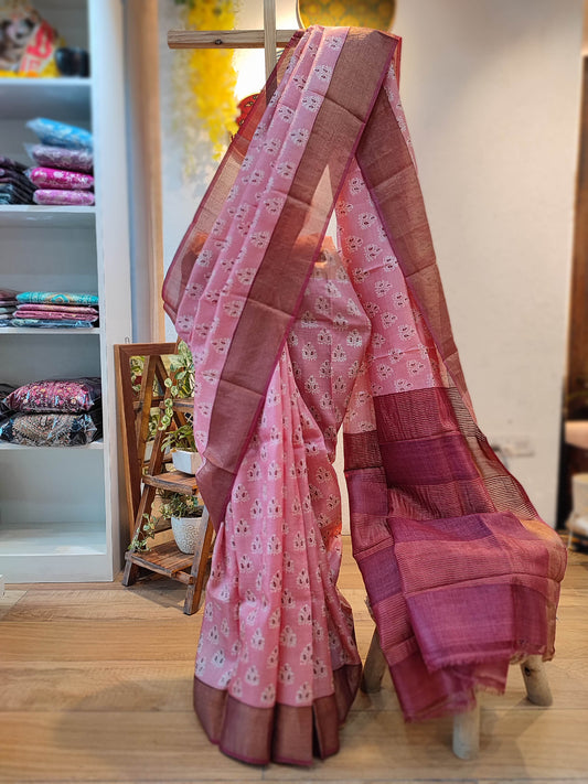 Turkish Rose pink Pure Tassar Silk Printed Saree