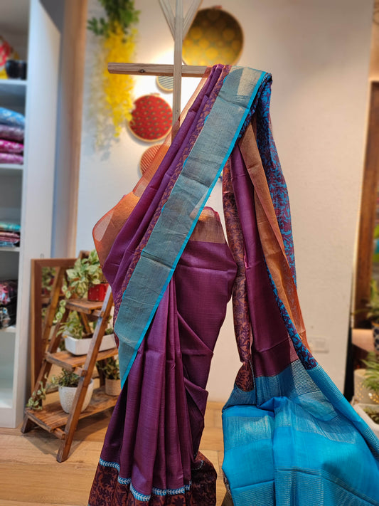 Midnight Purple Pure Tassar Silk Printed Saree