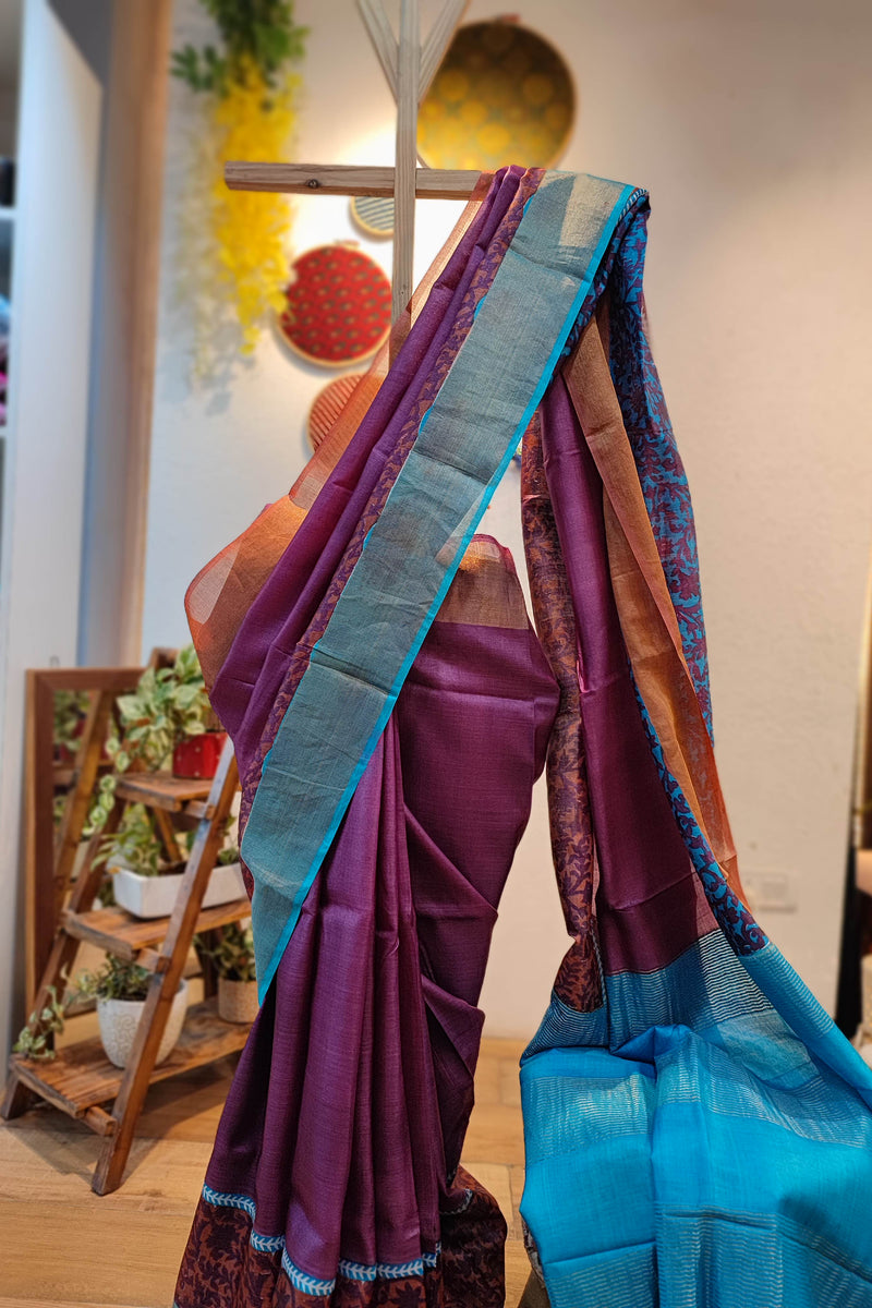 Midnight Purple Pure Tassar Silk Printed Saree
