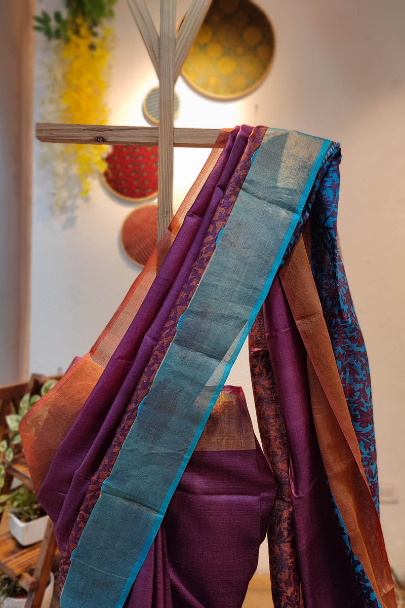 Midnight Purple Pure Tassar Silk Printed Saree