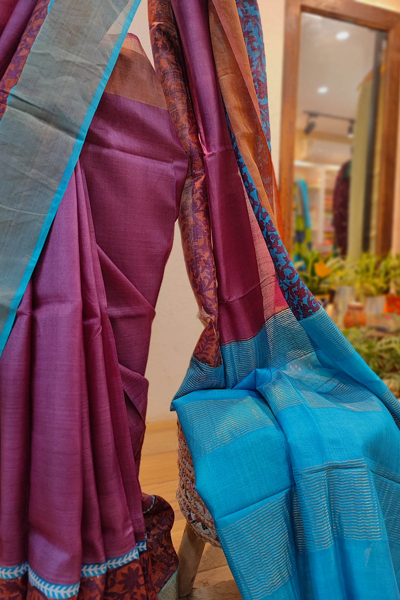 Midnight Purple Pure Tassar Silk Printed Saree