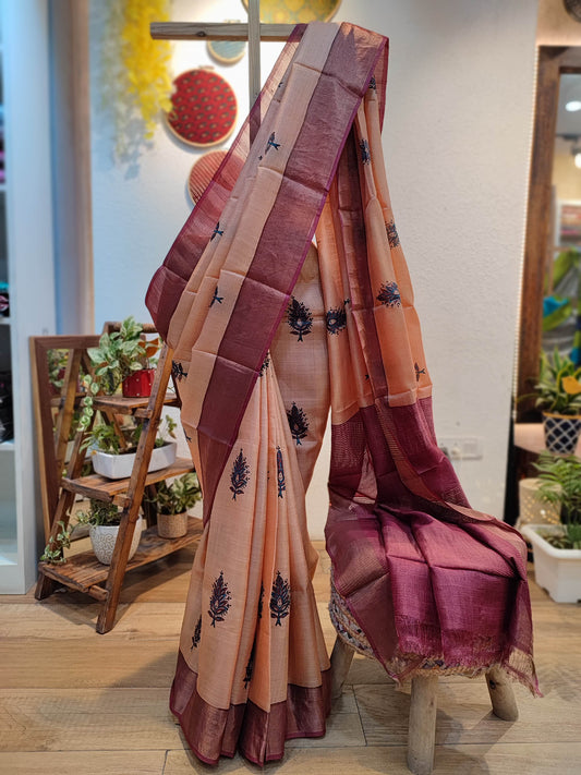 Apricot And Mauve Pure Tassar Silk Printed Saree