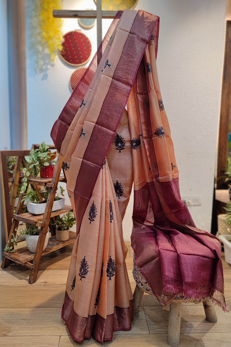 Apricot And Mauve Pure Tassar Silk Printed Saree