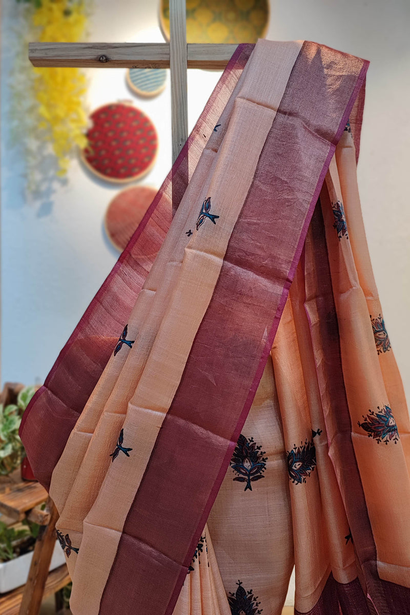 Apricot And Mauve Pure Tassar Silk Printed Saree