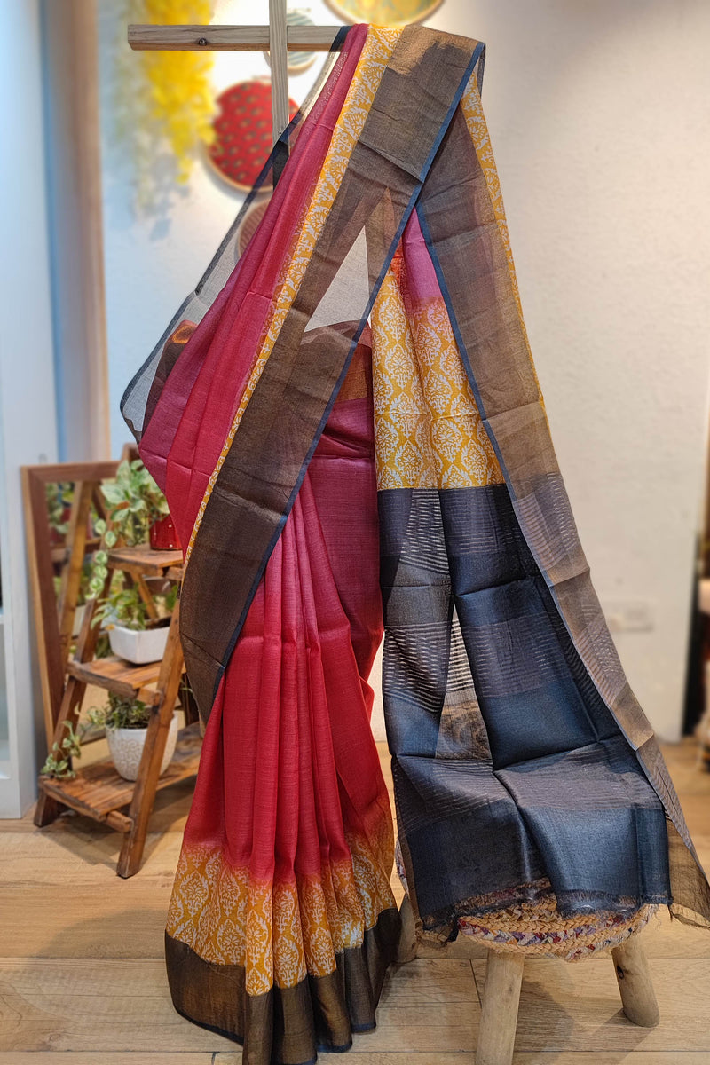 Punch Pink Pure Tassar Silk Printed Saree