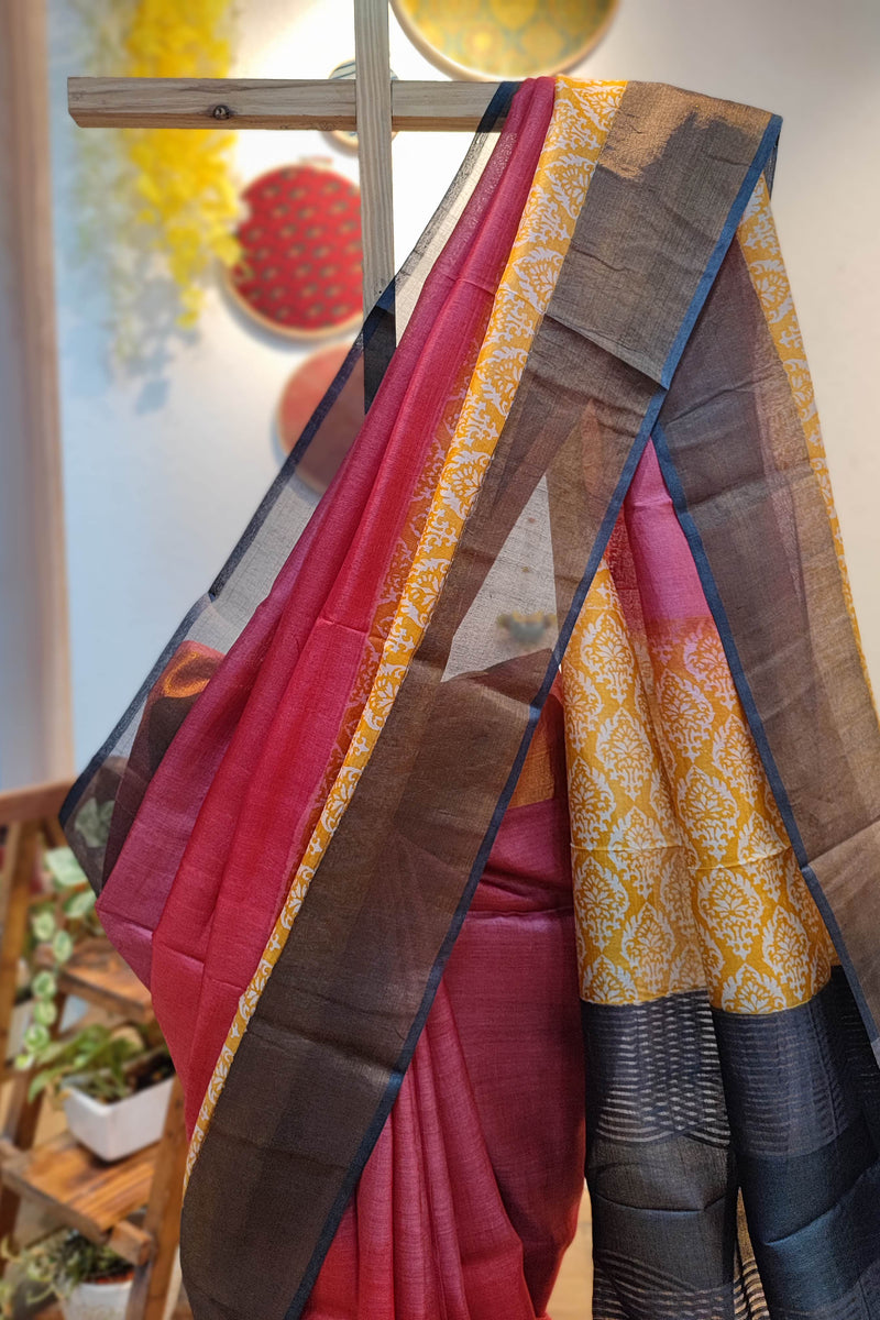 Punch Pink Pure Tassar Silk Printed Saree