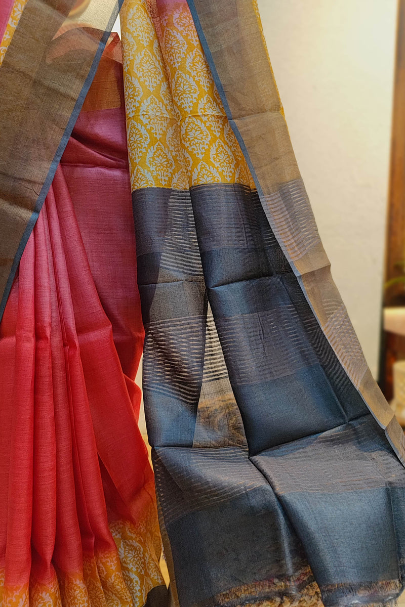 Punch Pink Pure Tassar Silk Printed Saree
