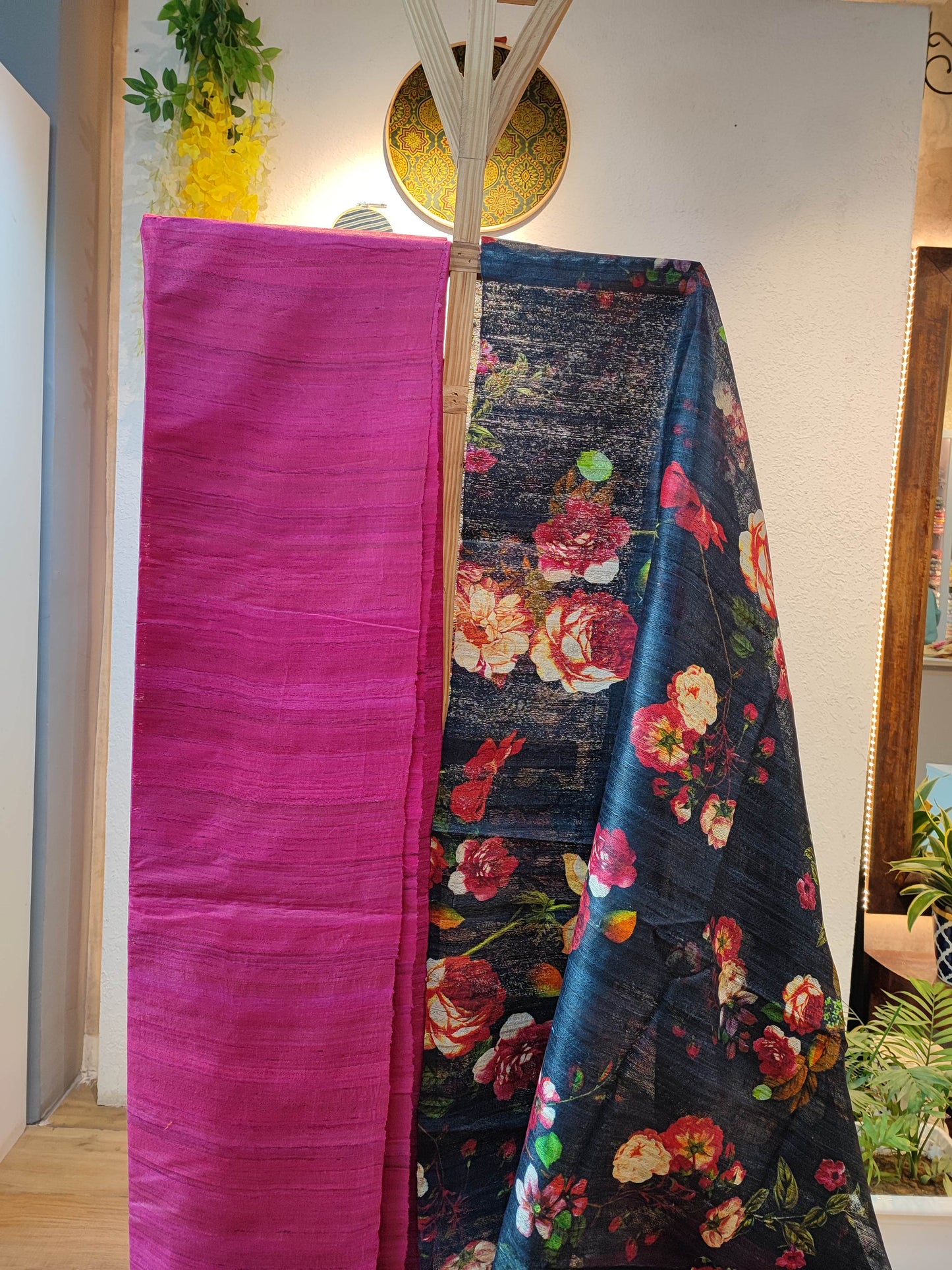 Fandango Pink Tussar Gheecha Silk Suit With Black Dupatta
