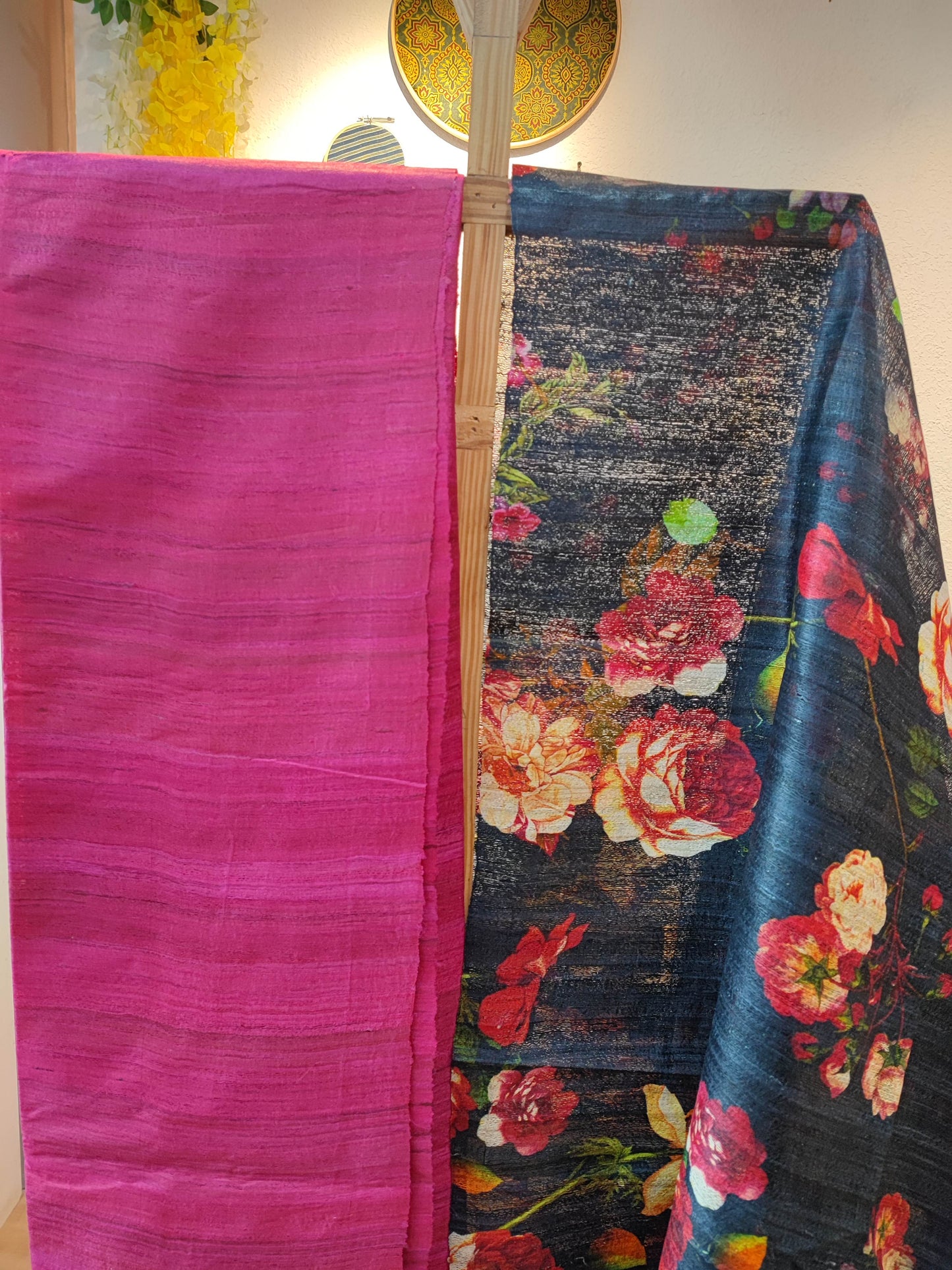 Fandango Pink Tussar Gheecha Silk Suit With Black Dupatta