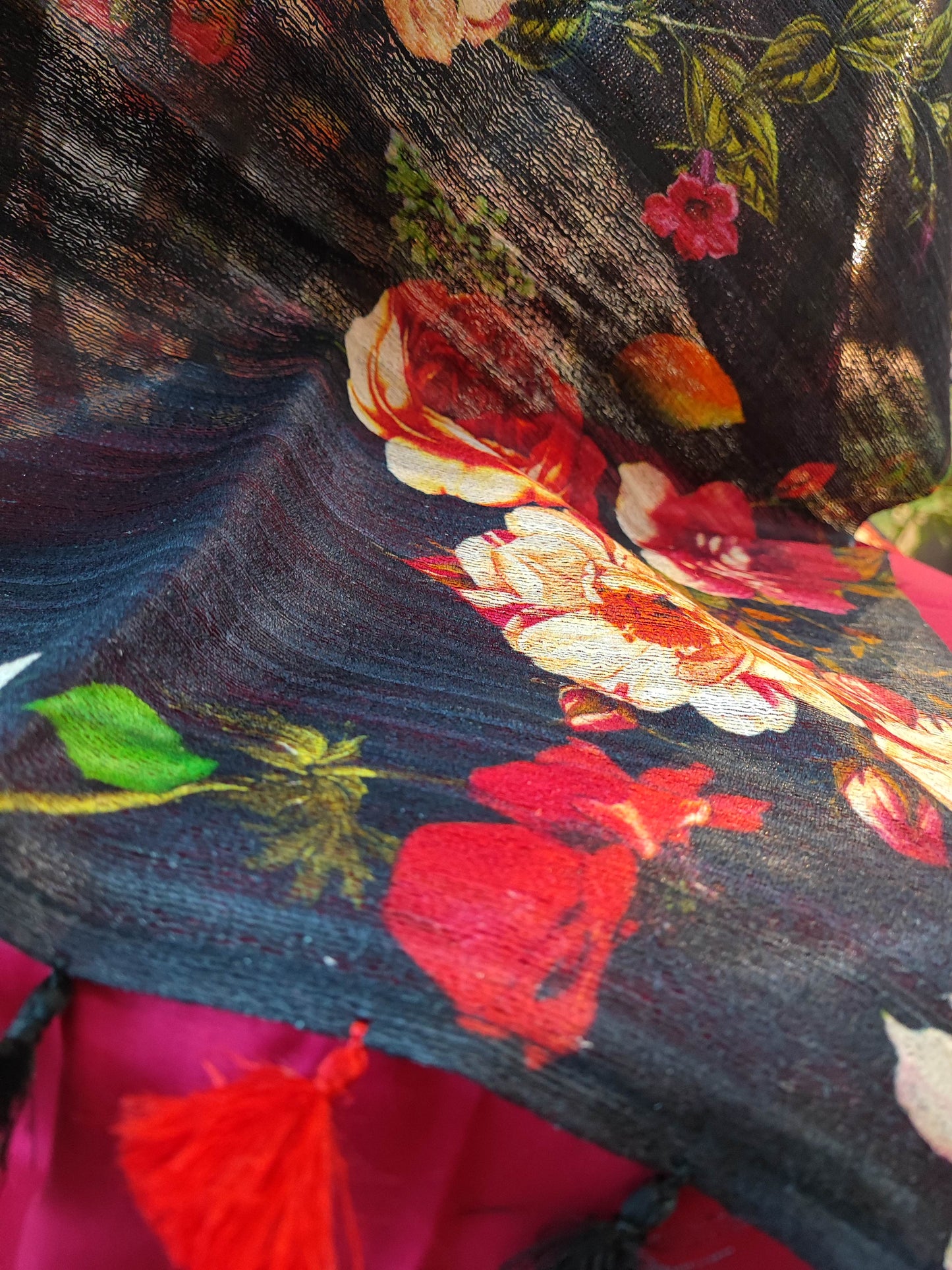 Fandango Pink Tussar Gheecha Silk Suit With Black Dupatta