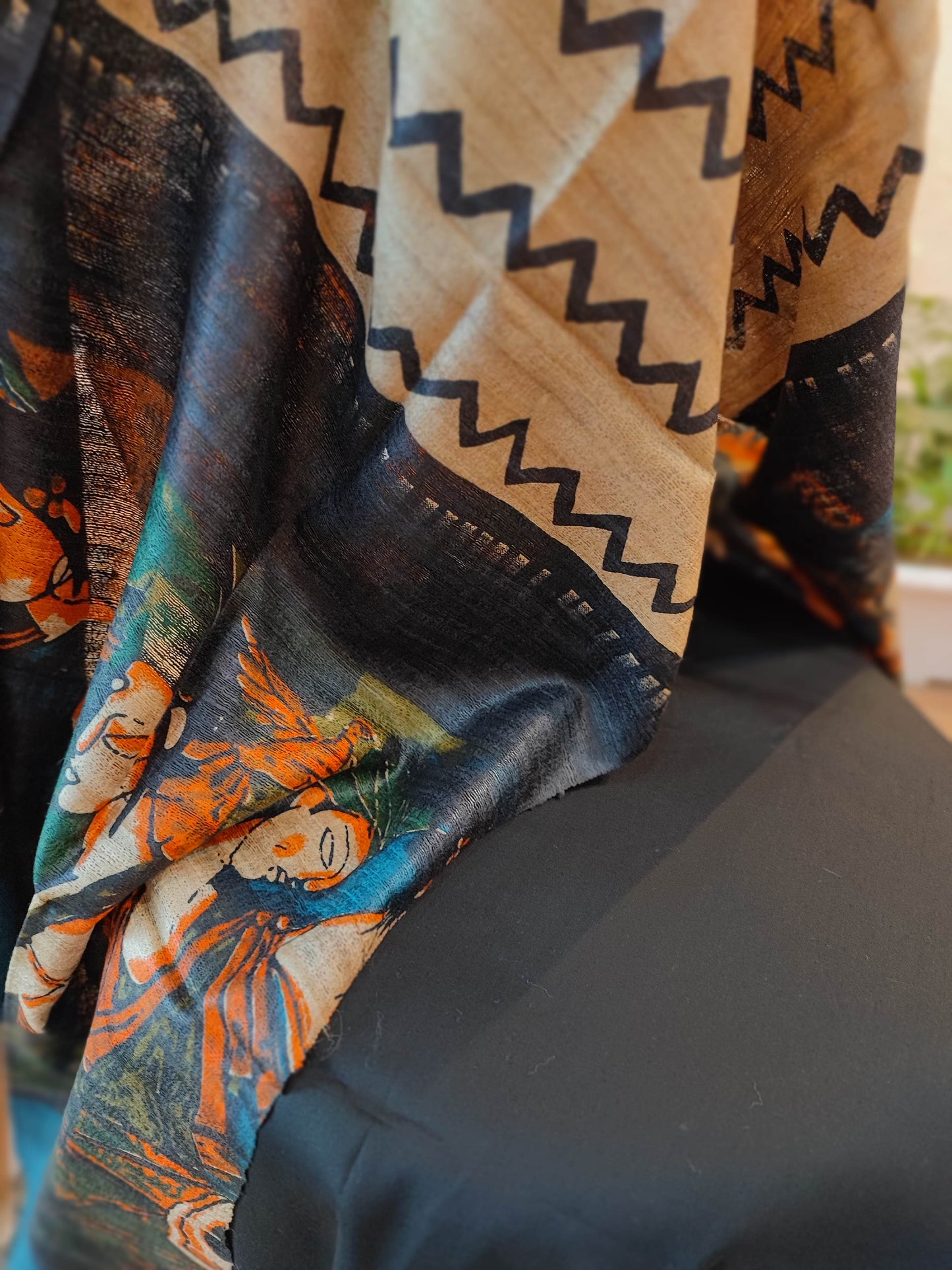 Beige & Black Tussar Gheecha Silk Suit With Printed Dupatta