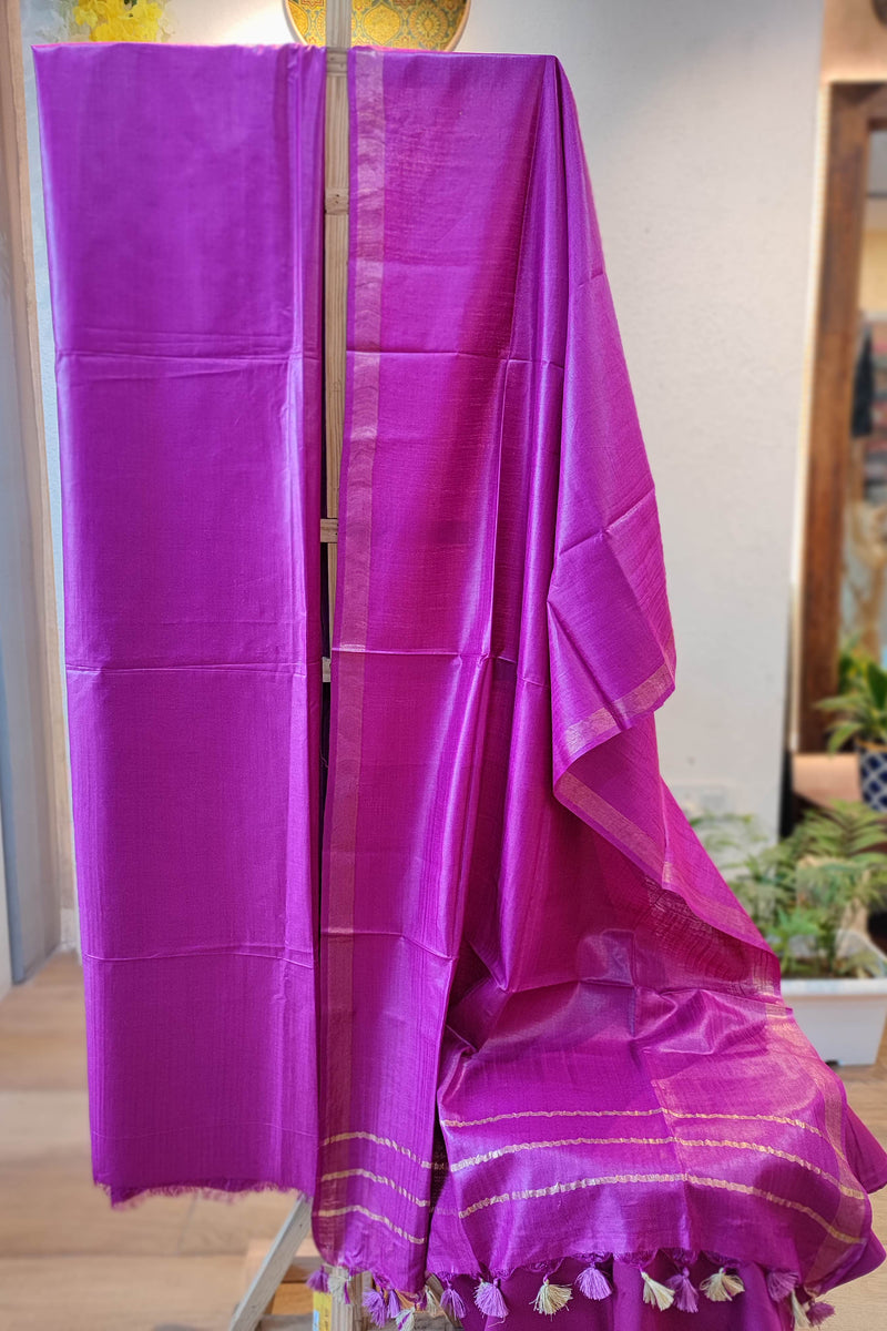 Hot Pink Tussar Gheecha Silk Suit With Dupatta