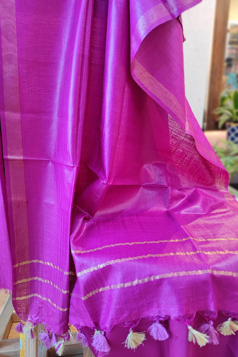 Hot Pink Tussar Gheecha Silk Suit With Dupatta