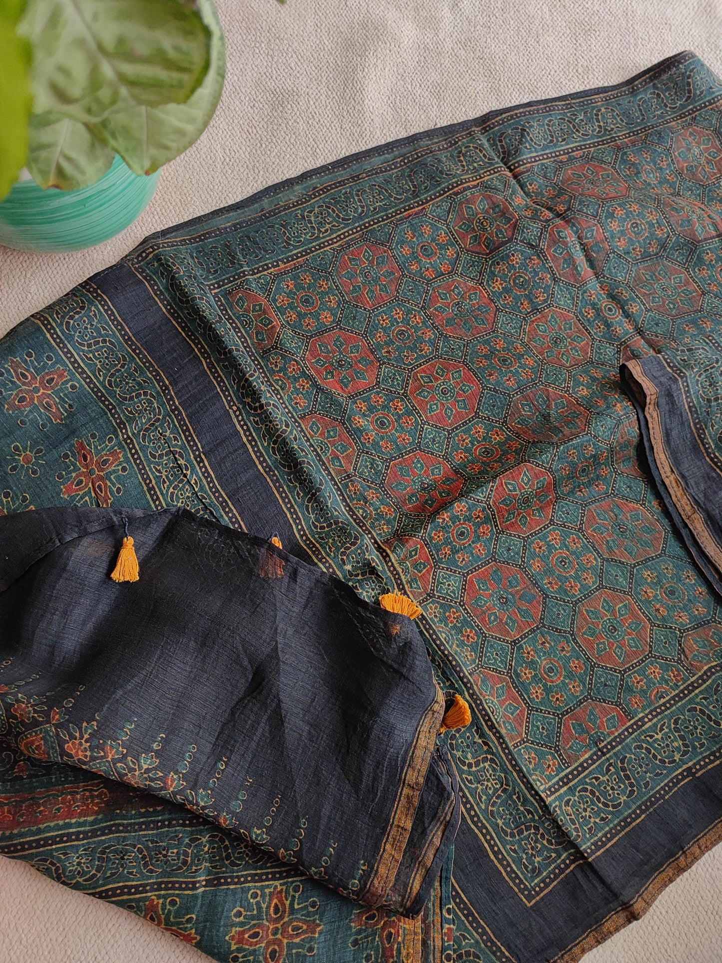 Moss Green Ajrakh Chanderi Silk Stole