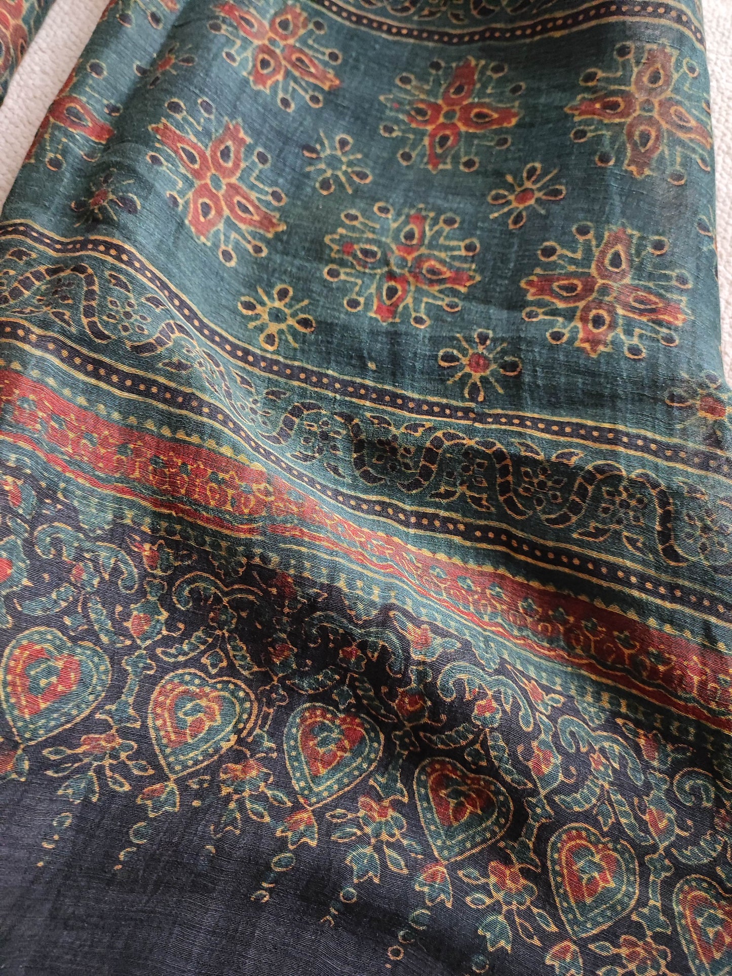 Moss Green Ajrakh Chanderi Silk Stole