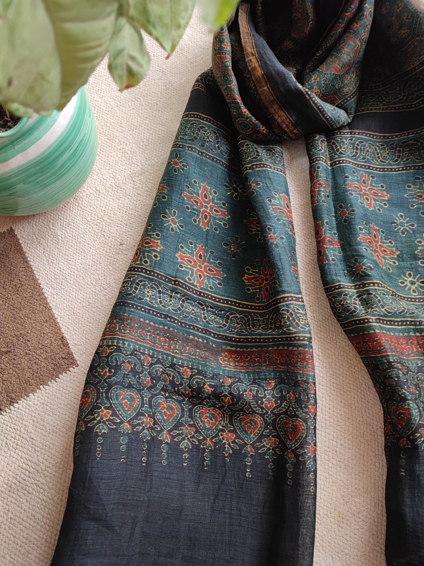 Moss Green Ajrakh Chanderi Silk Stole