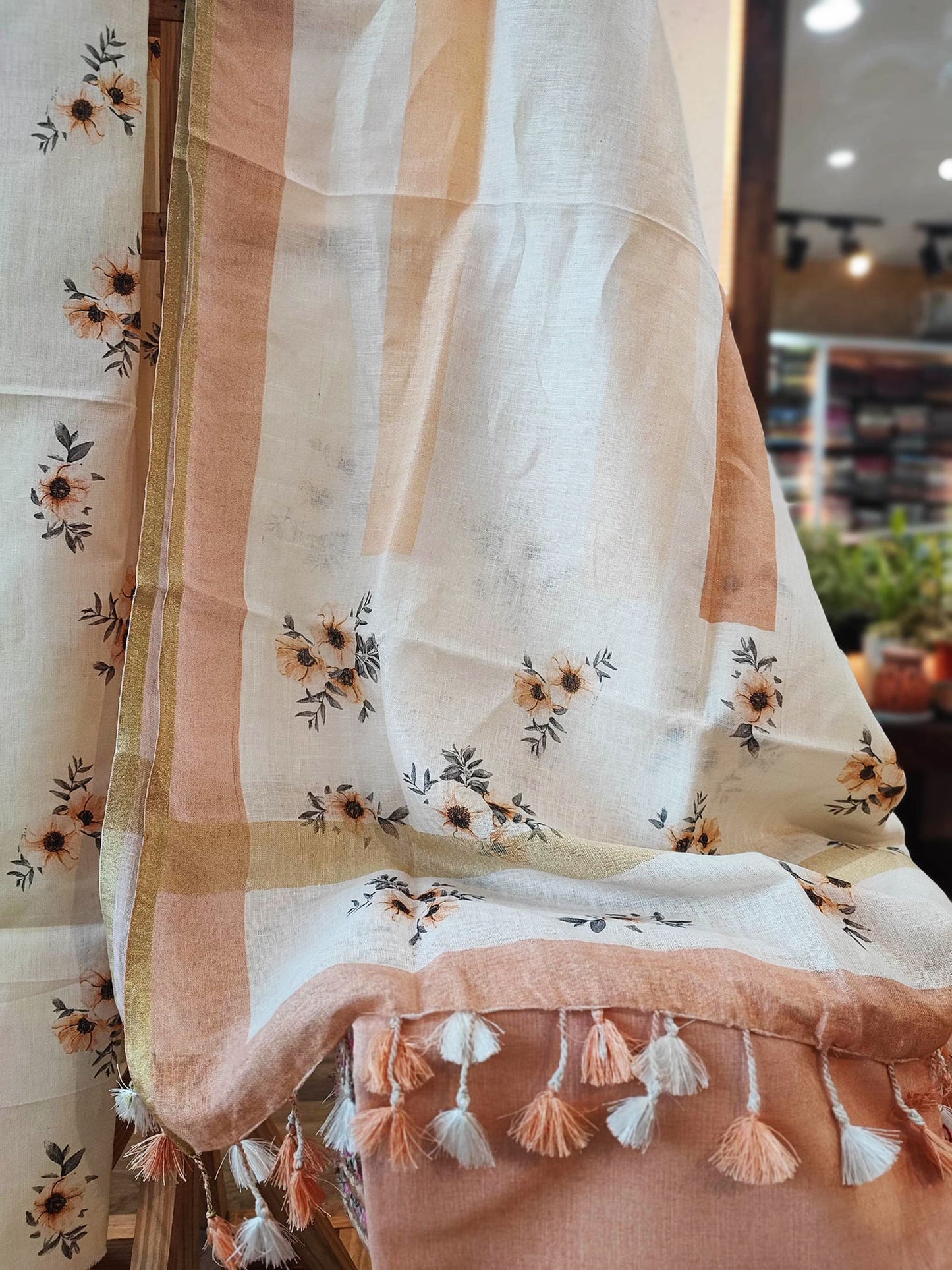 Pure Linen Floral Print Suit Set in shade of Peach