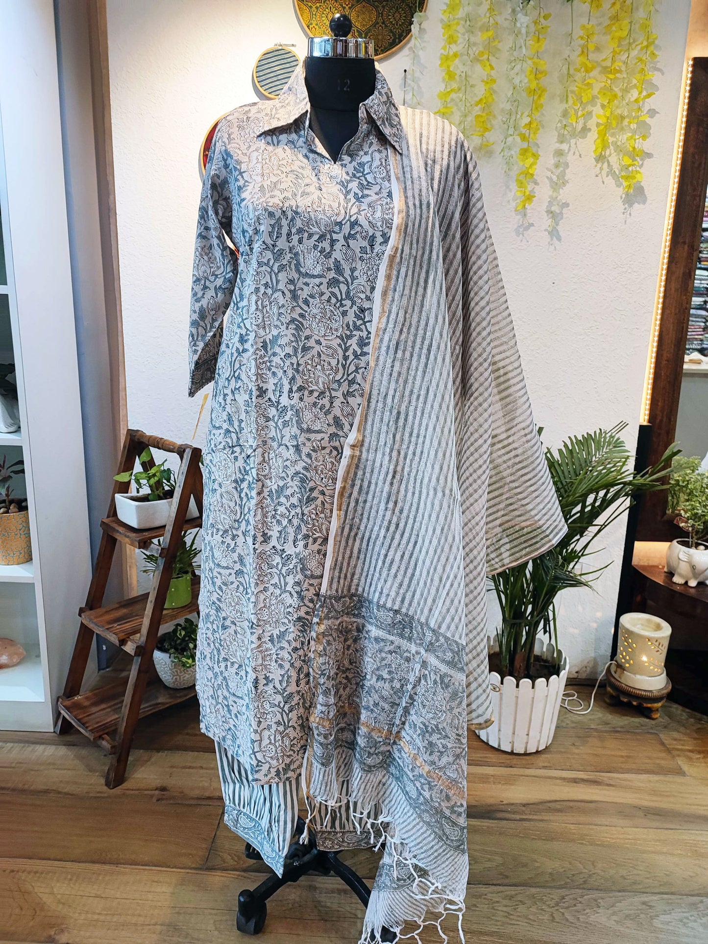 Stone Grey Floral Cotton Suit Set With Kota Dupatta