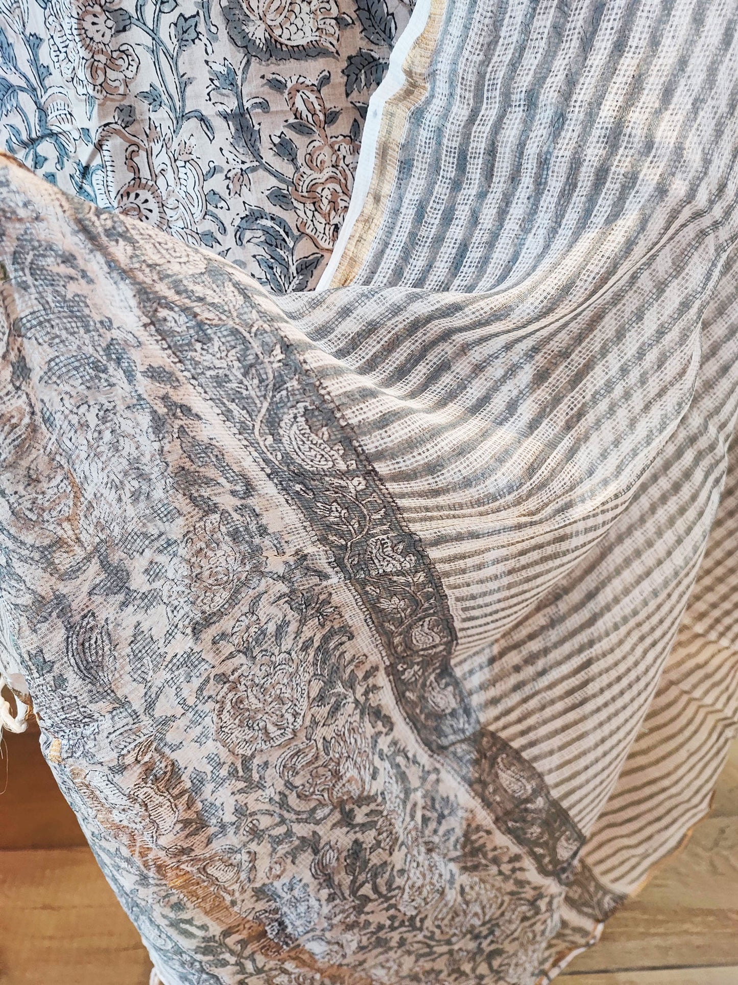 Stone Grey Floral Cotton Suit Set With Kota Dupatta