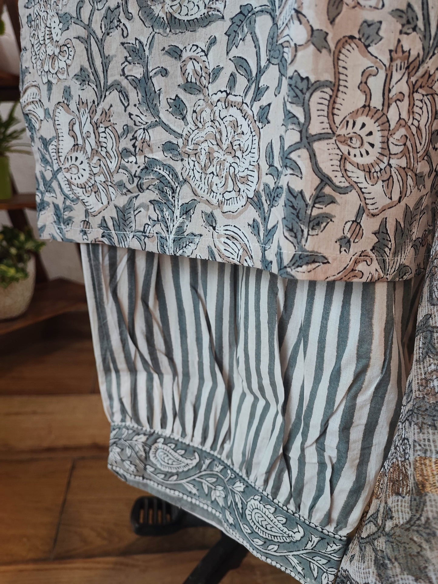 Stone Grey Floral Cotton Suit Set With Kota Dupatta