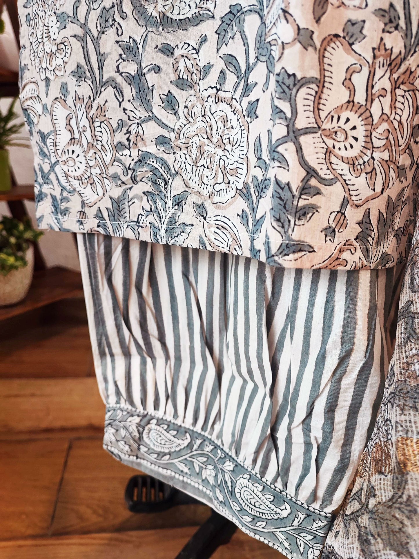 Stone Grey Floral Cotton Suit Set With Kota Dupatta