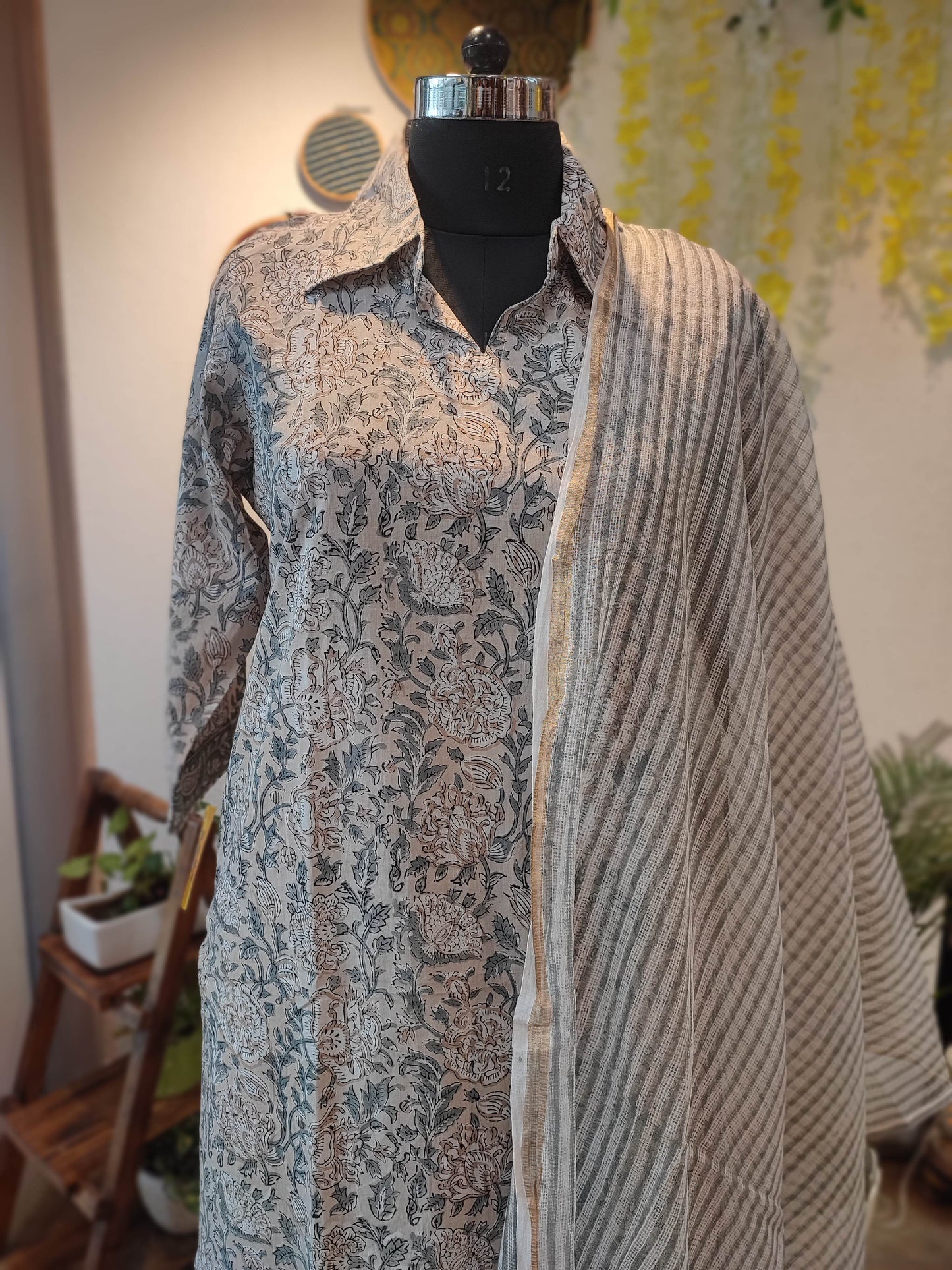 Stone Grey Floral Cotton Suit Set With Kota Dupatta