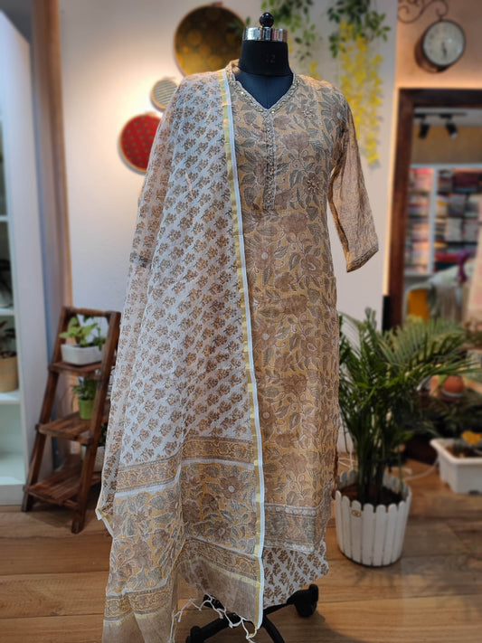 Honey Brown Handblock Print Kota Suit Set