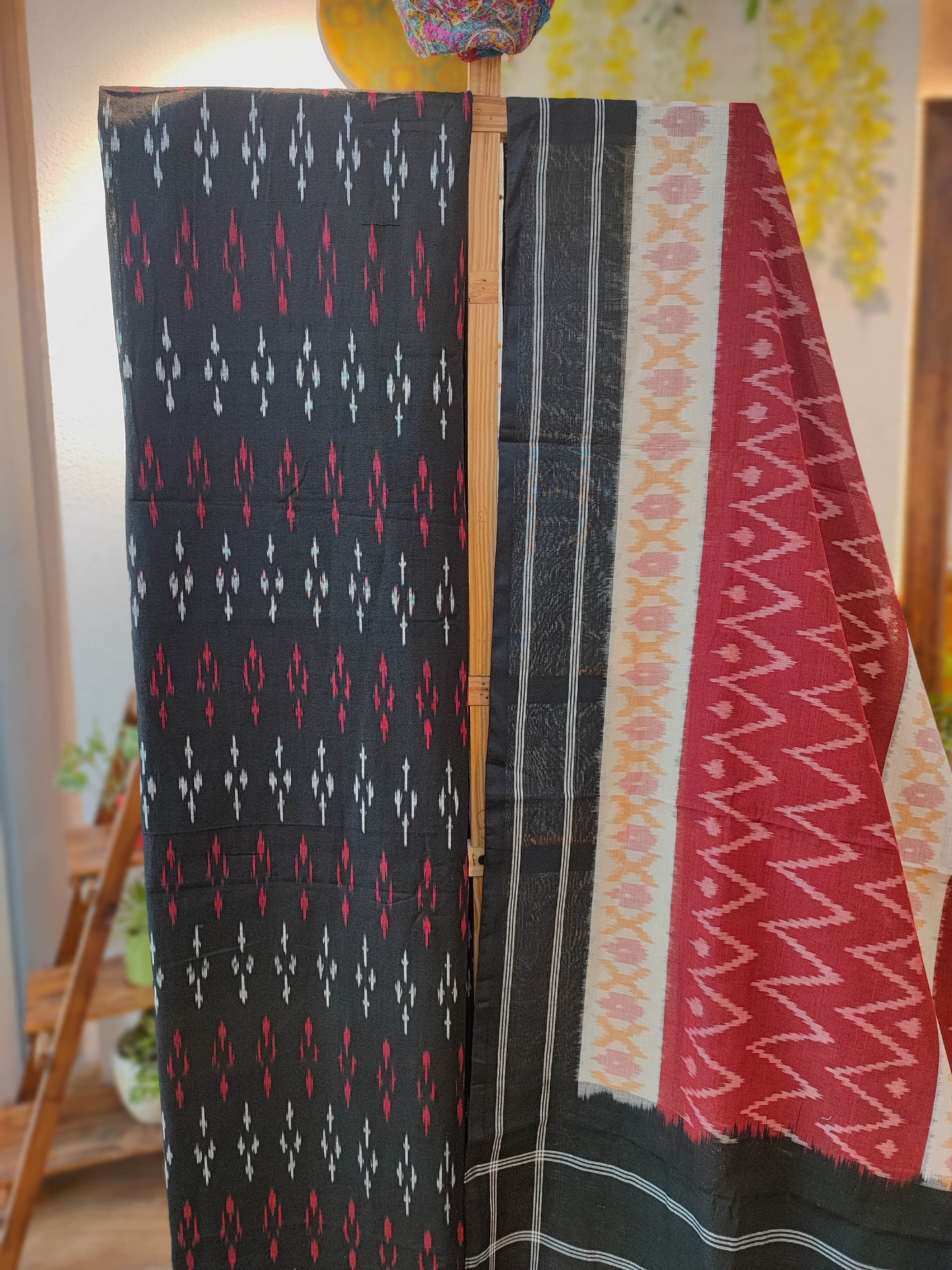Black and Red Pure Cotton Handloom Ikkat Suit Set