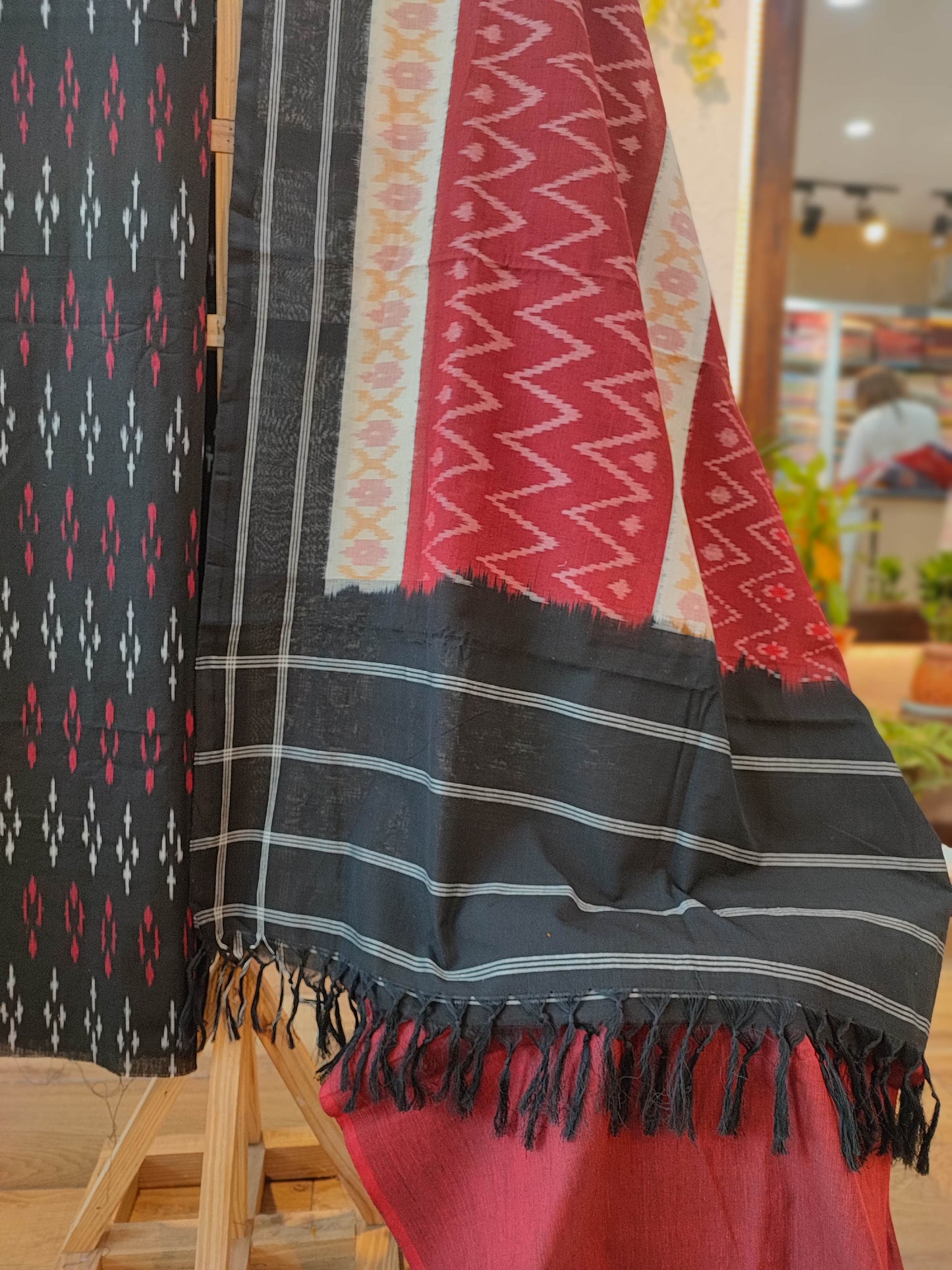 Black and Red Pure Cotton Handloom Ikkat Suit Set