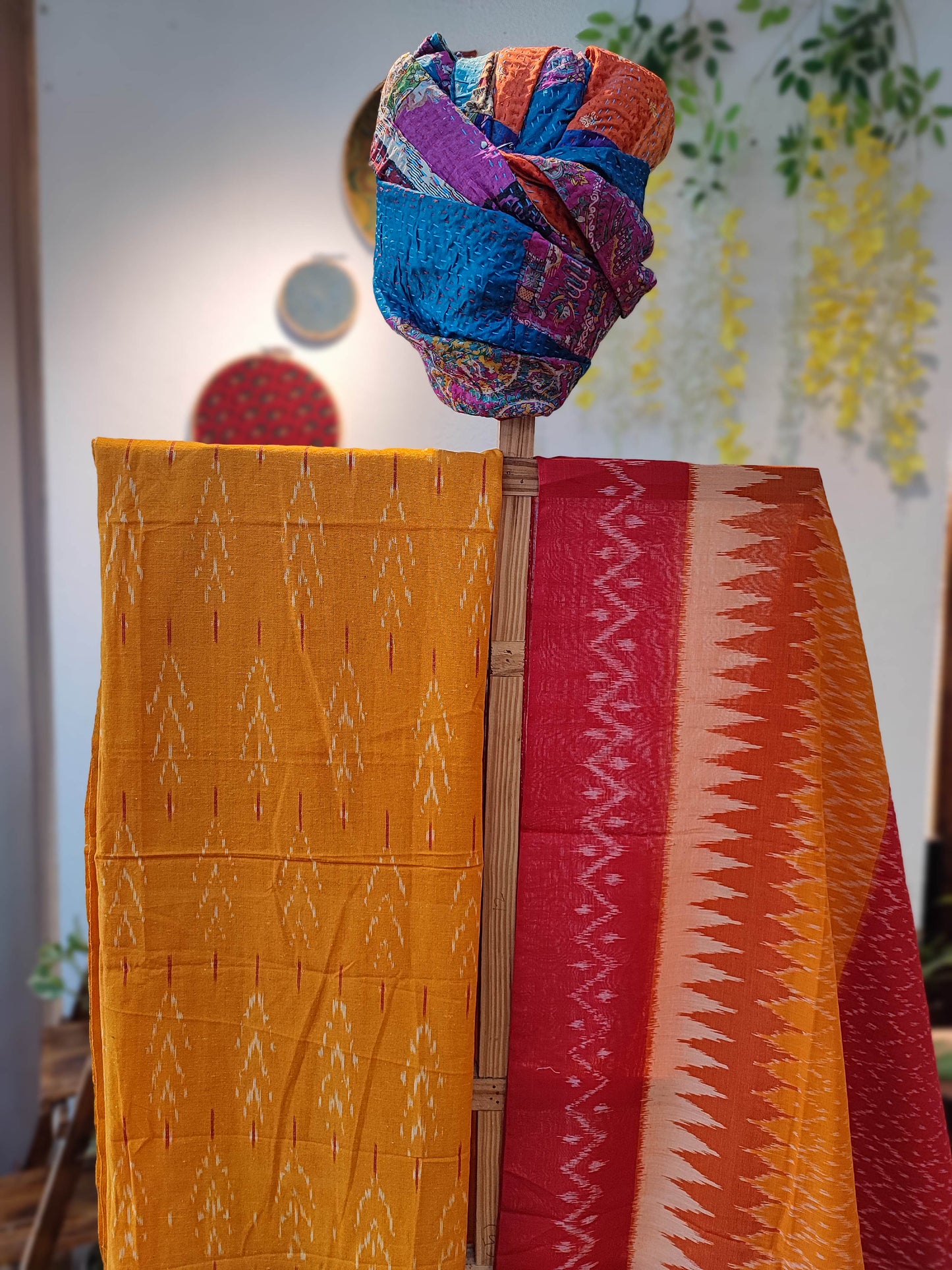 Yellow and Red Pure Cotton Handloom Ikkat Suit Set