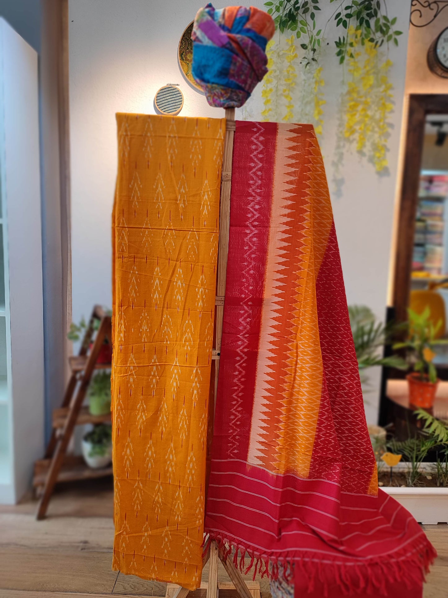 Yellow and Red Pure Cotton Handloom Ikkat Suit Set
