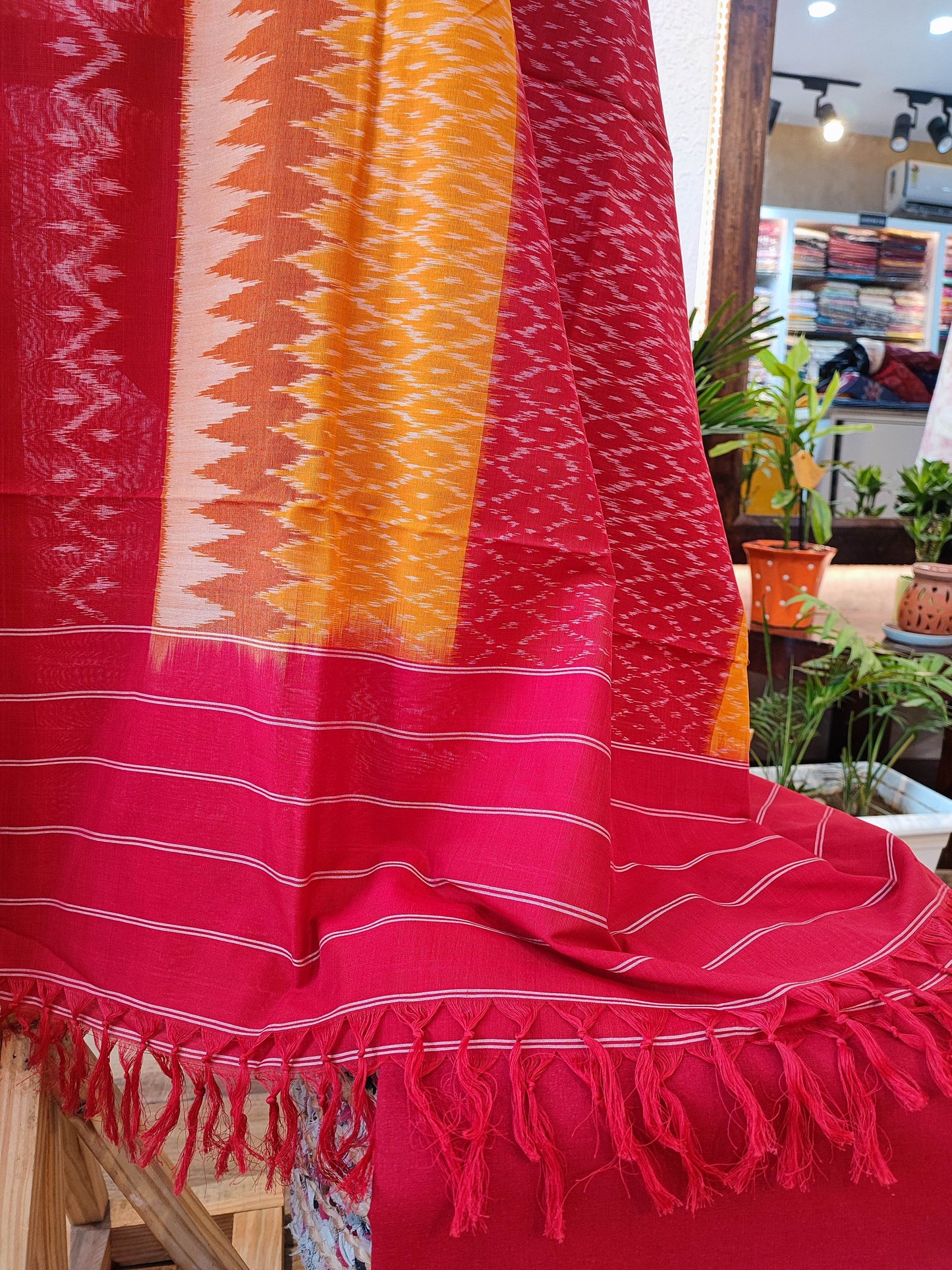 Yellow and Red Pure Cotton Handloom Ikkat Suit Set