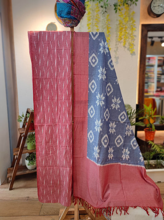 Peach and grey Pure Cotton Handloom Ikkat Suit Set
