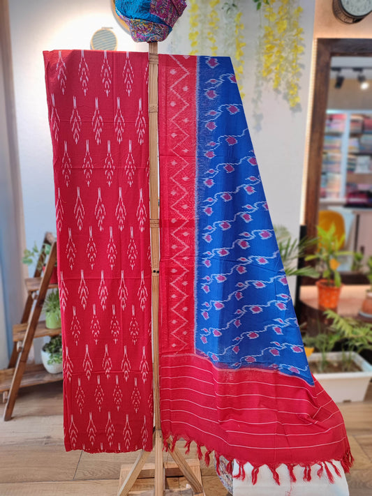 Red and Electric blue Pure Cotton Handloom Ikkat Suit Set