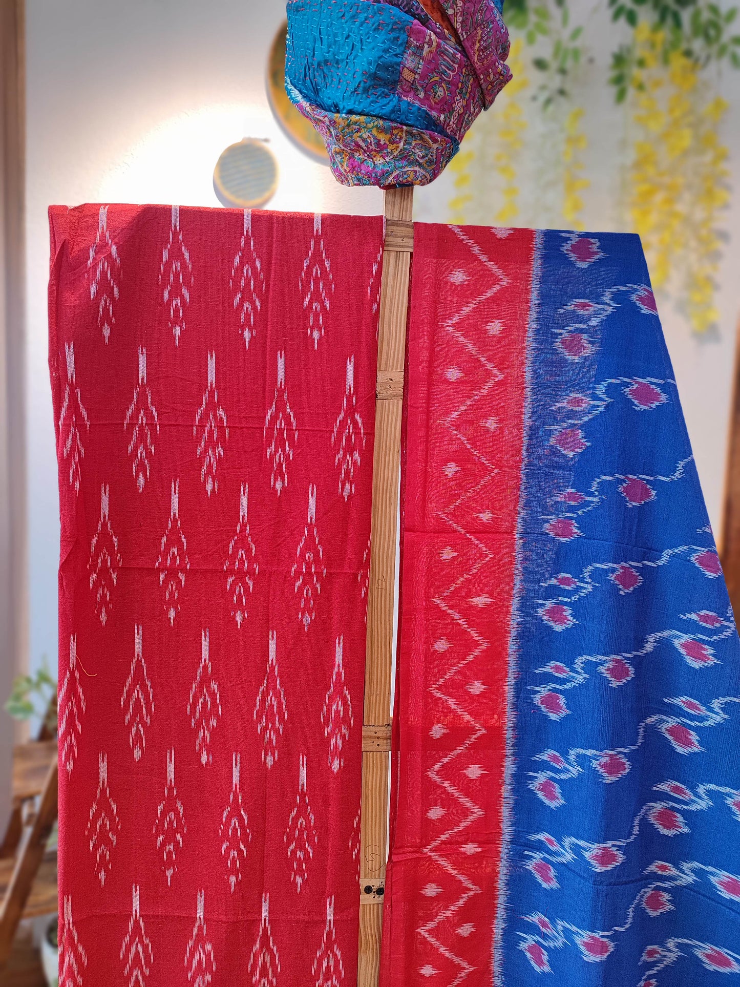 Red and Electric blue Pure Cotton Handloom Ikkat Suit Set